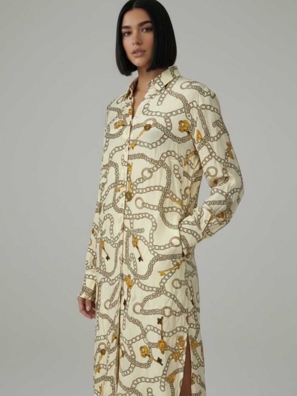OBJECT Chain Print Long Sleeve Shirt Dress Size 38 US 6 Old Money Minimalist Chi